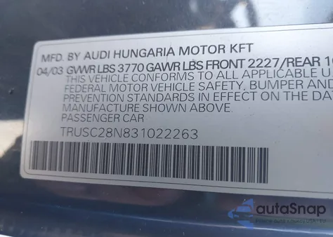 2003 Audi Tt 1.8L из США, поврежденный, VIN TRUSC28N831022263